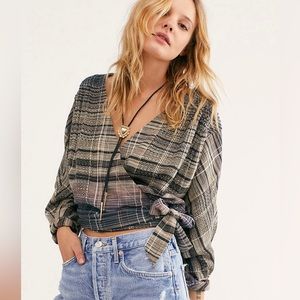Free People Maldives Stripe Wrap Top Blouse Plaid Cotton Oversized XS Relax Fit